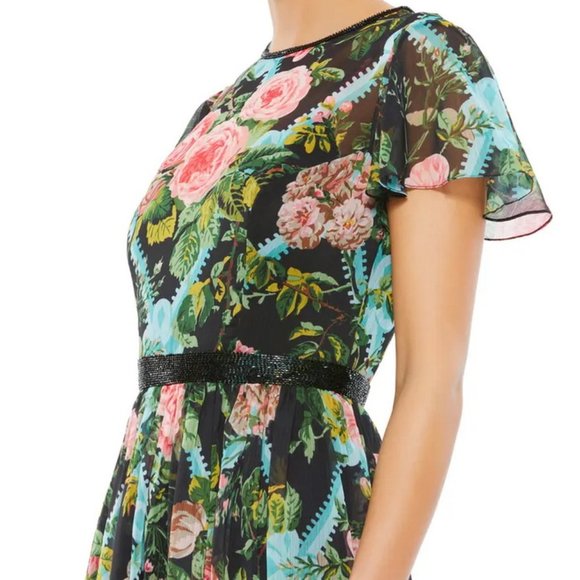 Mac Duggal Black Multi Floral Chiffon Beaded Waist Collar Midi Dress - Picture 5 of 5